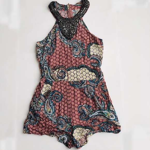 💗Matilda Paisley Print Romper Beaded Neckline - Picture 4 of 16